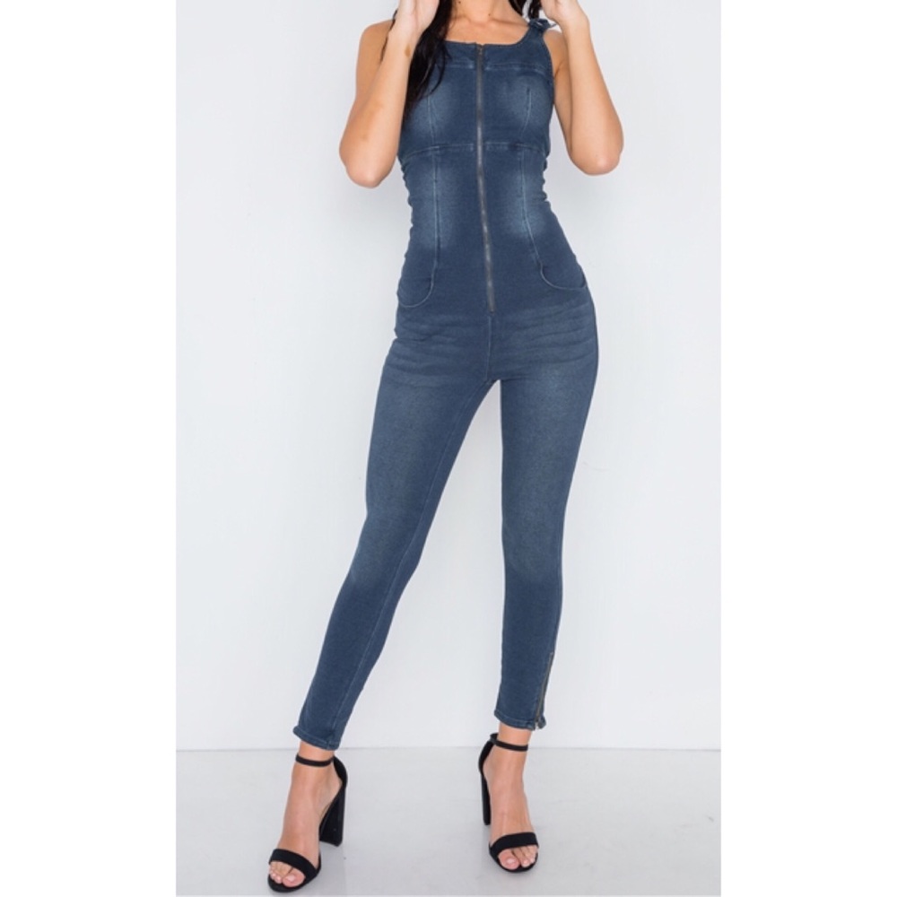 DARK DENIM STRETCH ZIP UP SKINNY LEG JUMPSUIT